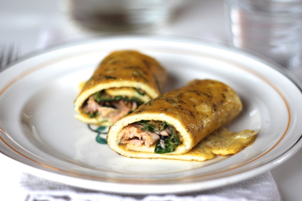 Omelette wrap with hot smoked salmon and&nbsp;mustard